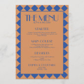 Blue Bold Funky Retro Checkerboard Wedding Menu Menükarte (Vorderseite)