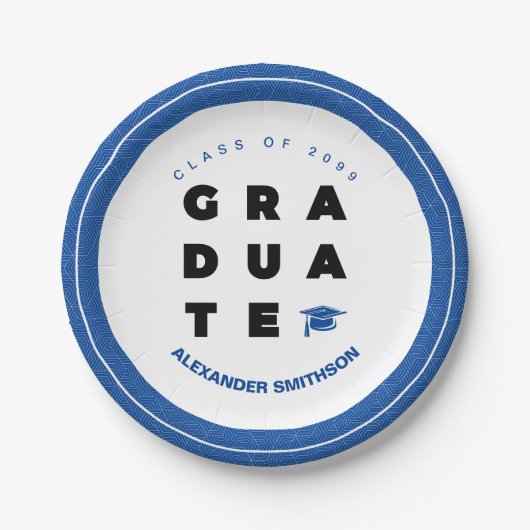 Blue Bold GRADUATE Letters and Cap Abschluss Pappteller (Vorderseite)