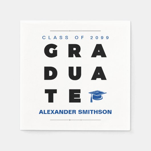 Blue Bold GRADUATE Letters and Cap Abschluss Serviette (Vorderseite)
