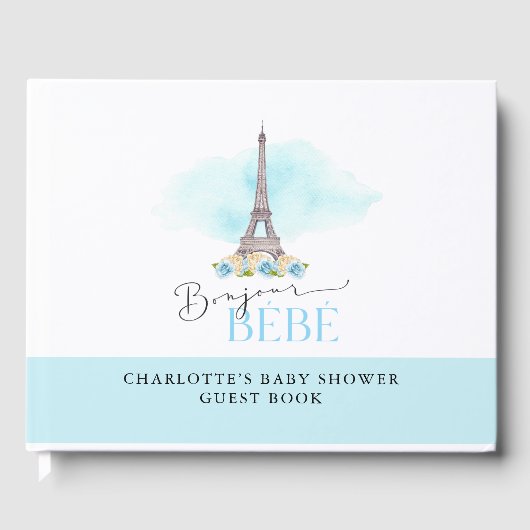 Blue Bonjour Bébé Eiffel Tower Baby Dusche Gästebuch (Vorderseite)