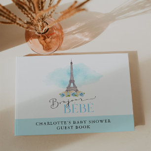 Blue Bonjour Bébé Eiffel Tower Baby Dusche Gästebuch