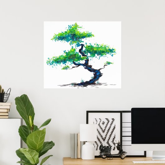 Blue Bonsai Watercolor Poster Print (Heimbüro)
