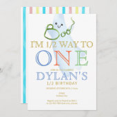 Blue BOO Ich bin halb bis ein 6 Monate Junge Gebur Einladung (Vorne/Hinten)