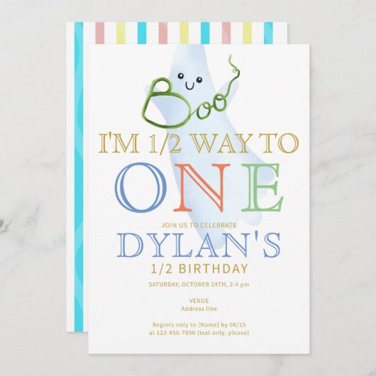 Blue BOO Ich bin halb bis ein 6 Monate Junge Gebur Einladung (Vorne/Hinten)