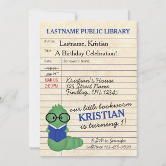 Blue Bookworm Birthday Party Einladung