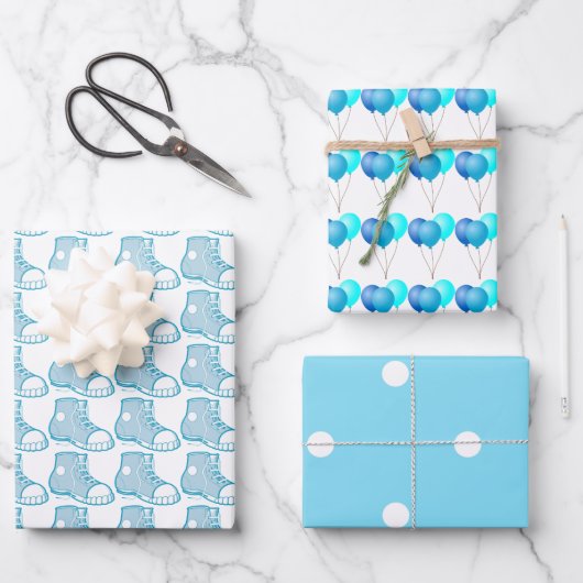 Blue Boots and Balloons Geschenkpapier Set (Vorderseite)