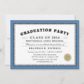 Blue Border Diploma Style Grad Party Einladung (Vorderseite)
