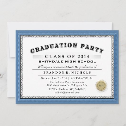 Blue Border Diploma Style Grad Party Einladung (Vorderseite)