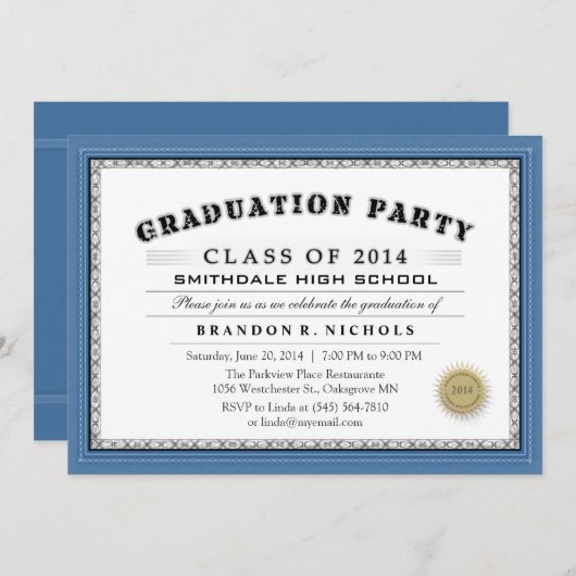 Blue Border Diploma Style Grad Party Einladung (Vorne/Hinten)