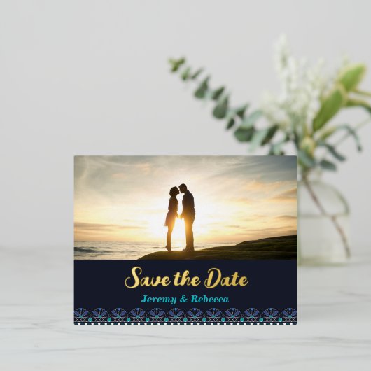 Blue Border Image Save the Date Postcard Folie Einladungspostkarte (Stehend vorne)