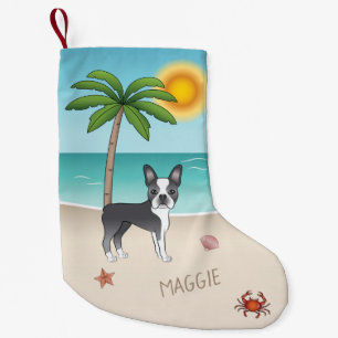 Blue Boston Terrier an einem tropischen Sommerstra Kleiner Weihnachtsstrumpf