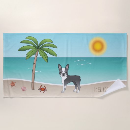 Blue Boston Terrier an einem tropischen Sommerstra Strandtuch (Vorderseite)