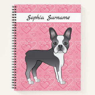 Blue Boston Terrier Dog auf rosa Herzen und Text Notizblock