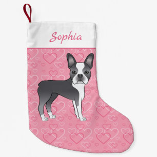 Blue Boston Terrier Hund auf rosa Herzen und Name Kleiner Weihnachtsstrumpf