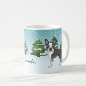 Blue Boston Terrier in einem Winterwald & Name Kaffeetasse (VorderseiteRechts)