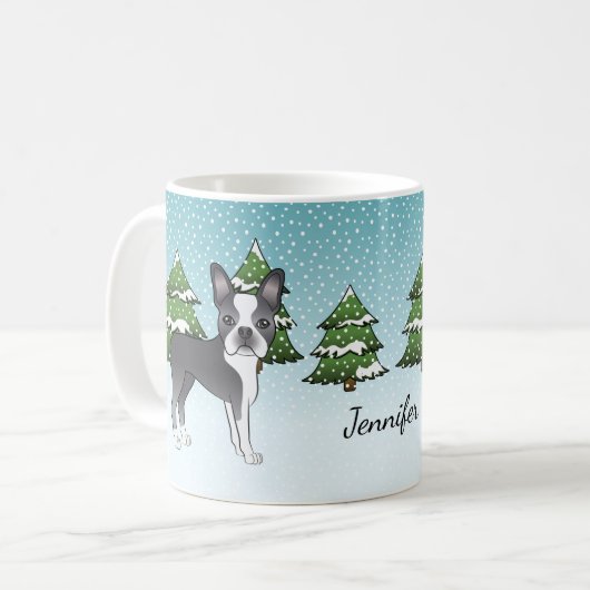 Blue Boston Terrier in einem Winterwald & Name Kaffeetasse (Vorderseite Links)