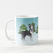 Blue Boston Terrier in einem Winterwald & Name Kaffeetasse (Links)