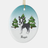 Blue Boston Terrier in einem Winterwald & Name Keramik Ornament (Rechts)