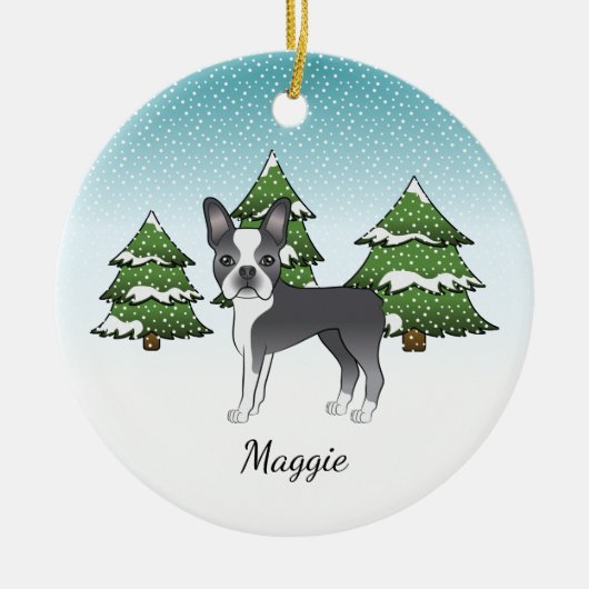 Blue Boston Terrier in einem Winterwald & Name Keramik Ornament (Vorne)