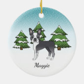Blue Boston Terrier in einem Winterwald & Name Keramik Ornament (Hinten)