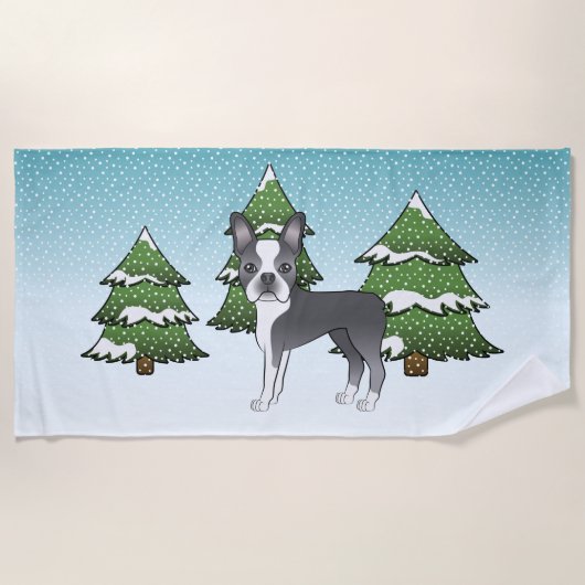 Blue Boston Terrier in einem Winterwald Strandtuch (Vorderseite)