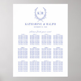 Blue Botaniacal Wappen Monogram Seating Chart Poster