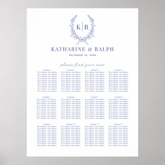 Blue Botaniacal Wappen Monogram Seating Chart Poster (Vorne)