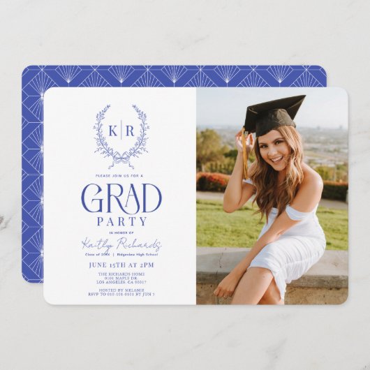 Blue Botanic Wappen Monogram Abschluss Foto Einladung (Vorne/Hinten)