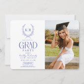 Blue Botanic Wappen Monogram Abschluss Foto Einladung (Vorderseite)