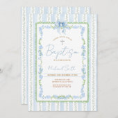 Blue Botanical Baptism Invitation Boy Christening Einladung (Vorne/Hinten)