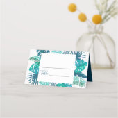 Blue Botanical Beach Palm Foliage Hochzeit Platzkarte (Vorderseite)