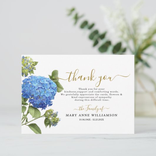 Blue Botanical Beerdigung Dankeschön Karte (Stehend Vorderseite)
