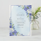 Blue Botanical Bloom Wedding Einladung (Stehend Vorderseite)