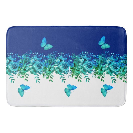 Blue Botanical Butterfly Bath Mat Badematte (Vorderseite)