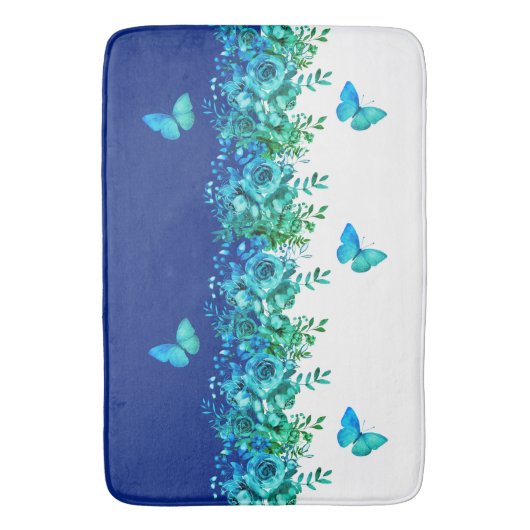 Blue Botanical Butterfly Bath Mat Badematte (Vorderseite Vertikal)