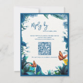 Blue Botanical Butterfly QR Code Wedding reply By RSVP Karte (Rückseite)