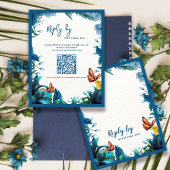 Blue Botanical Butterfly QR Code Wedding reply By RSVP Karte