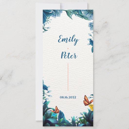 Blue Botanical Butterfly Wedding Program Card Einladung (Vorderseite)