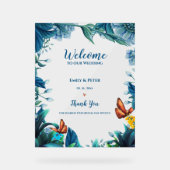 Blue Botanical Butterfly Welcome To Our Wedding Acrylschild (Vorderseite)