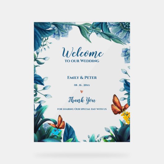 Blue Botanical Butterfly Welcome To Our Wedding Acrylschild (Vorderseite)