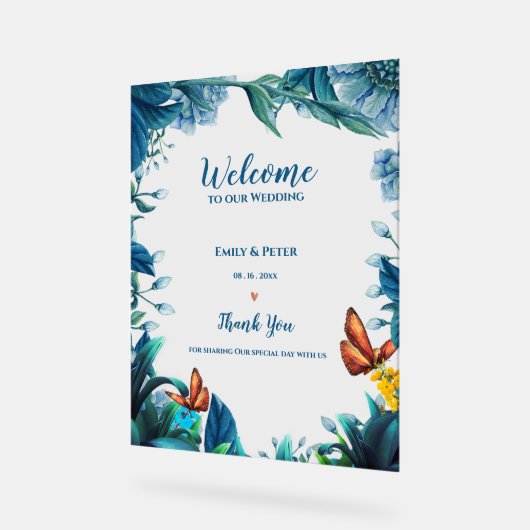 Blue Botanical Butterfly Welcome To Our Wedding Acrylschild (Winkel)