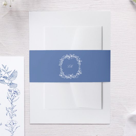 Blue Botanical Chinoiserie Wappen Monogram Wedding Einladungsbanderole