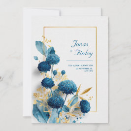 Blue Botanical Chrysanthemum & Gold Frame Wedding Einladung