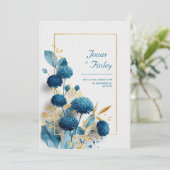 Blue Botanical Chrysanthemum & Gold Frame Wedding Einladung (Stehend Vorderseite)