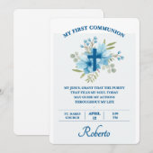 Blue Botanical Cross First Holy Communion  Einladung (Vorne/Hinten)