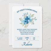 Blue Botanical Cross First Holy Communion  Einladung (Vorderseite)
