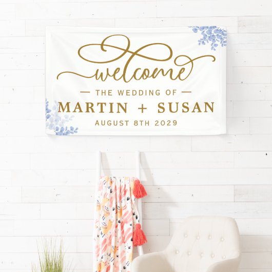 Blue Botanical Eucalyptus Blätter Wedding Party Banner (Insitu)