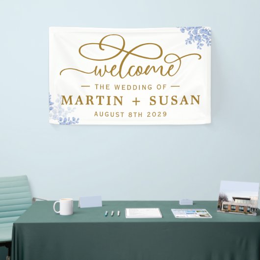 Blue Botanical Eucalyptus Blätter Wedding Party Banner (Messeveranstaltung)