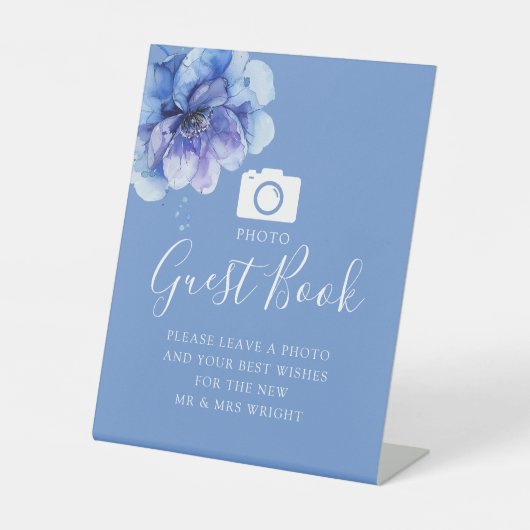 Blue Botanical Floral Foto Gästebuch Hochzeit Sockelschild (Vorderseite)