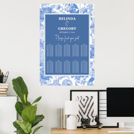 Blue Botanical Florals Wedding Chart Poster (Heimbüro)